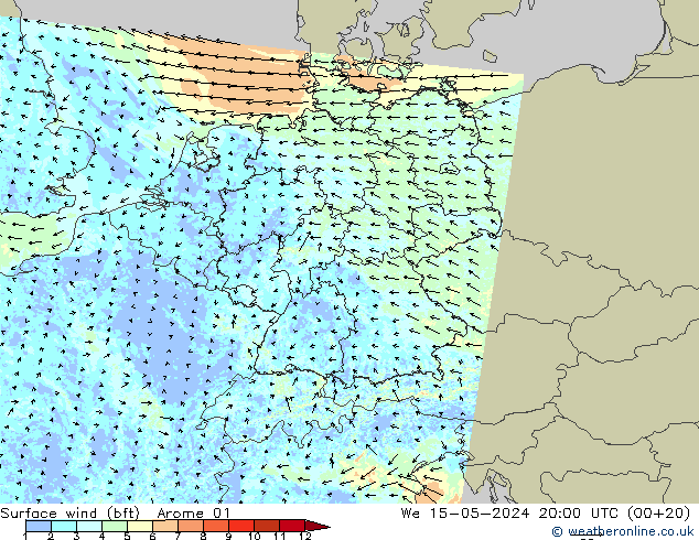 Surface wind (bft) Arome 01 We 15.05.2024 20 UTC