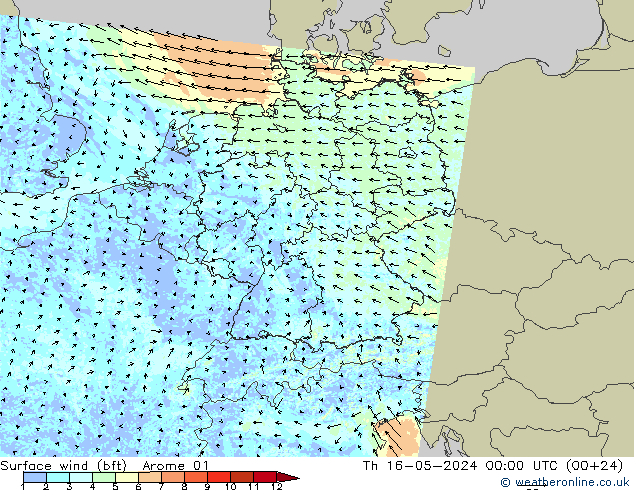 wiatr 10 m (bft) Arome 01 czw. 16.05.2024 00 UTC
