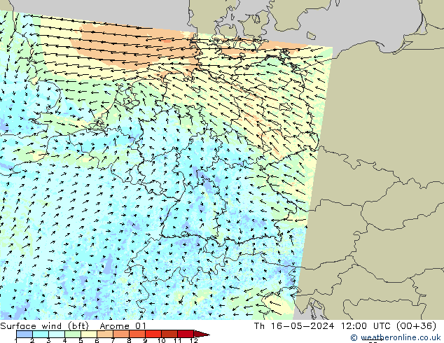 Rüzgar 10 m (bft) Arome 01 Per 16.05.2024 12 UTC