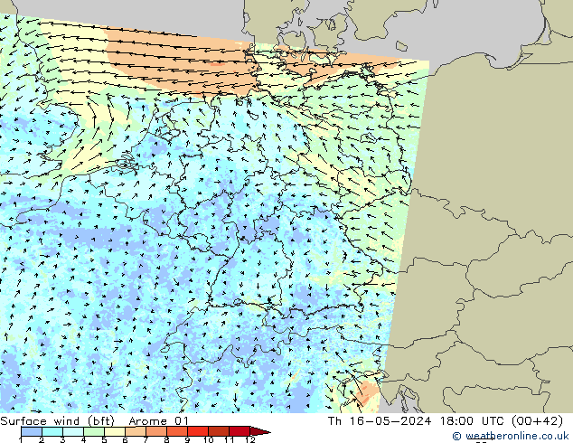 wiatr 10 m (bft) Arome 01 czw. 16.05.2024 18 UTC