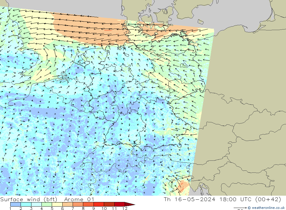 ве�Bе�@ 10 m (bft) Arome 01 чт 16.05.2024 18 UTC