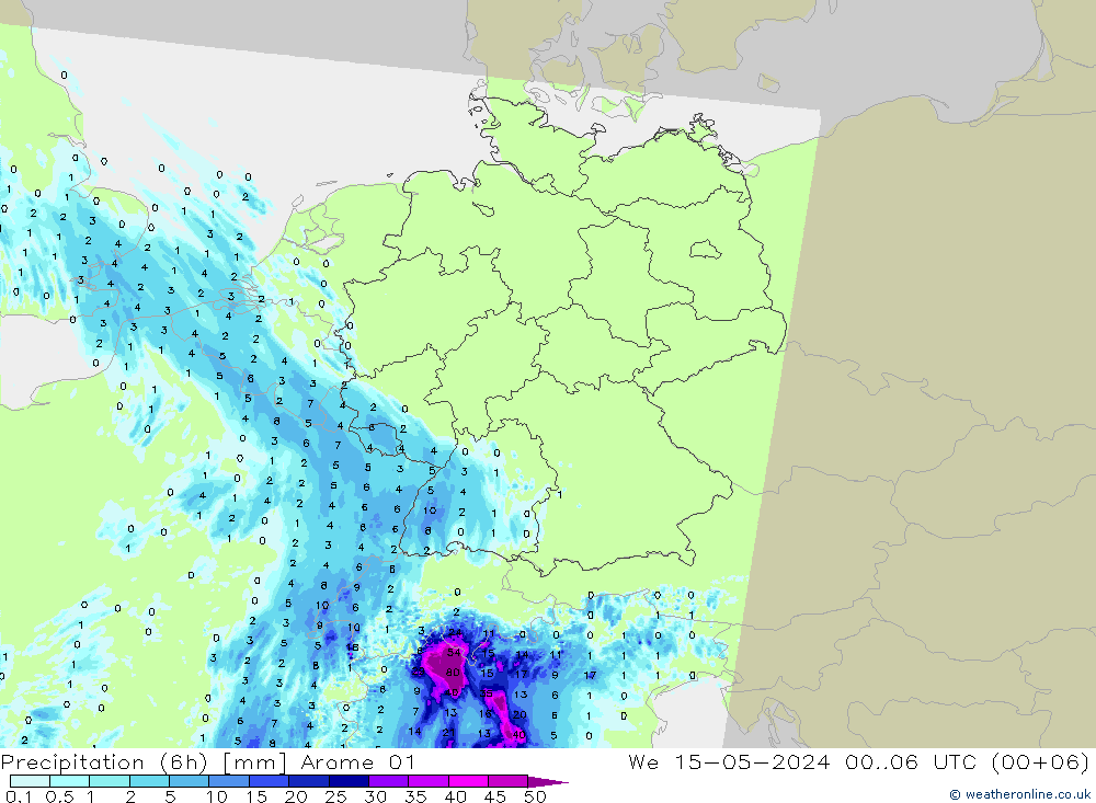 Precipitación (6h) Arome 01 mié 15.05.2024 06 UTC