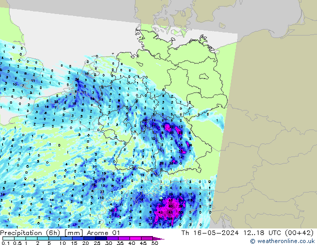 Precipitation (6h) Arome 01 Čt 16.05.2024 18 UTC