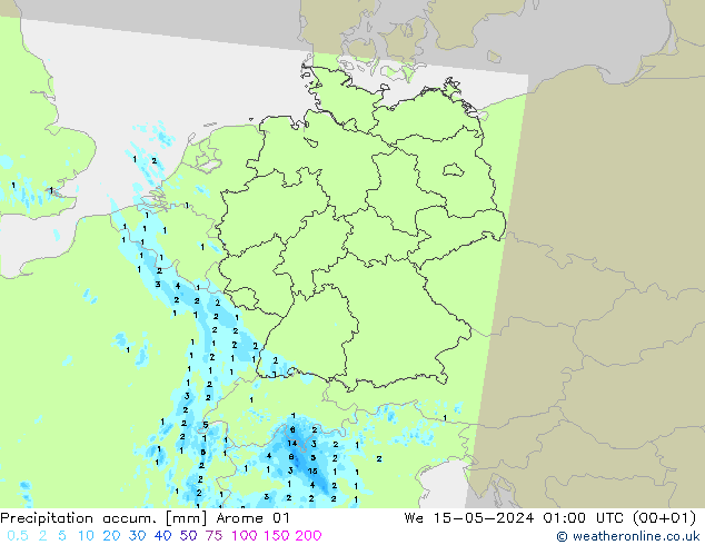 Totale neerslag Arome 01 wo 15.05.2024 01 UTC