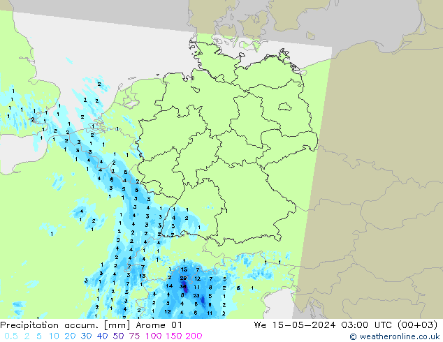 Precipitation accum. Arome 01 星期三 15.05.2024 03 UTC