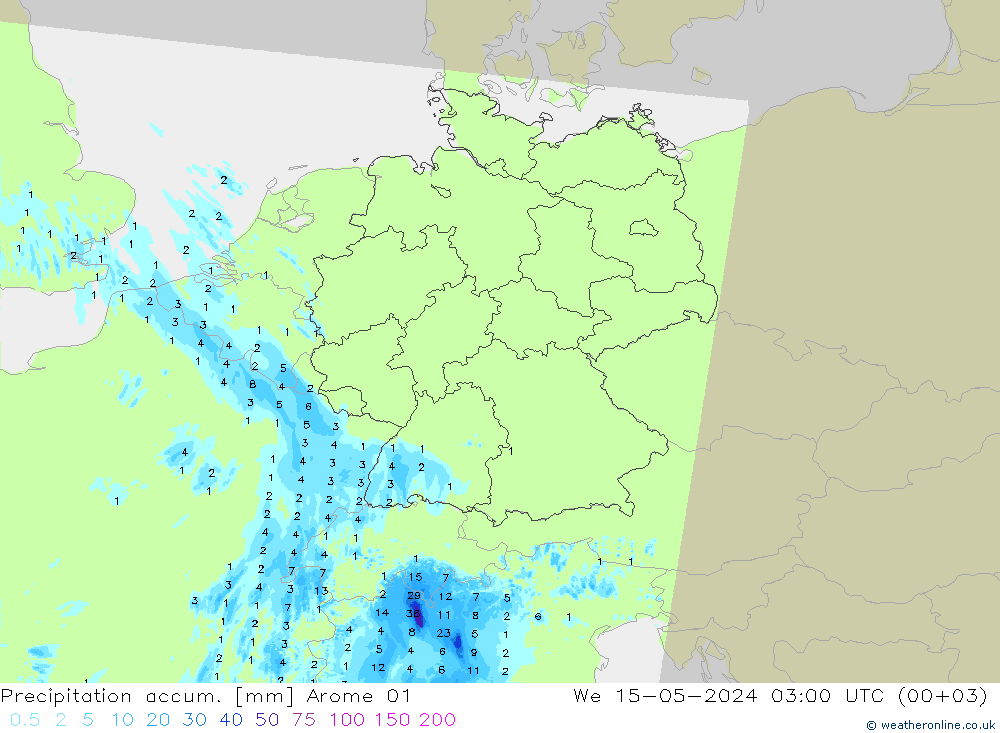 Precipitación acum. Arome 01 mié 15.05.2024 03 UTC