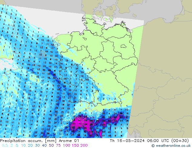 Precipitation accum. Arome 01 чт 16.05.2024 06 UTC