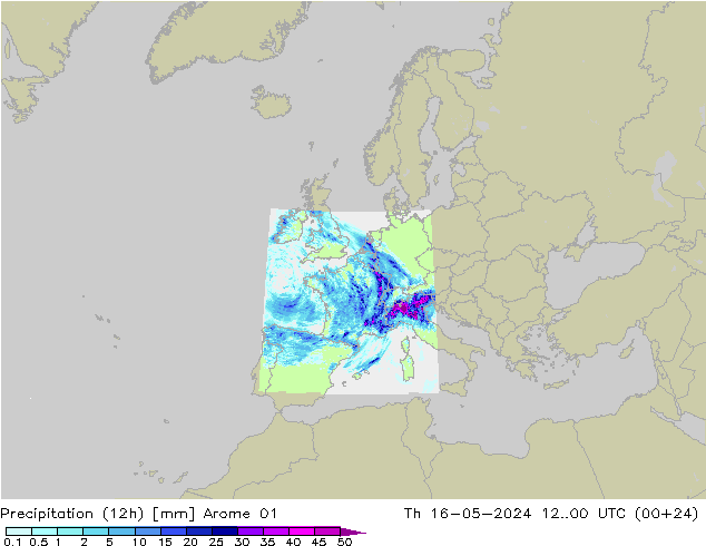 Totale neerslag (12h) Arome 01 do 16.05.2024 00 UTC