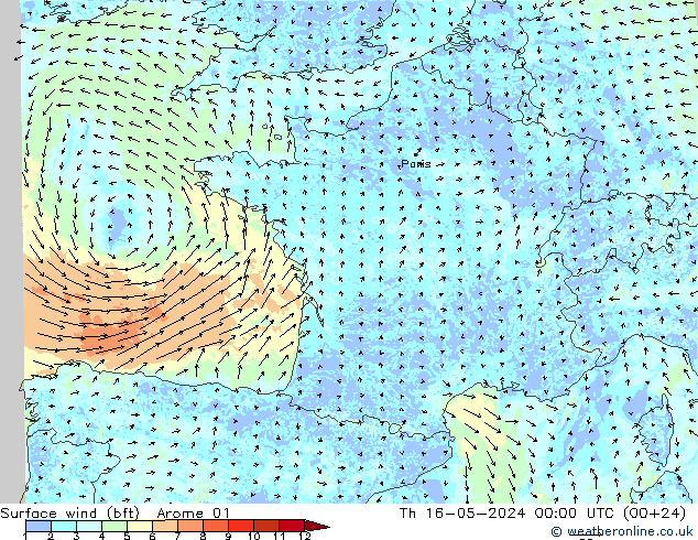 Wind 10 m (bft) Arome 01 do 16.05.2024 00 UTC