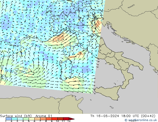 Wind 10 m (bft) Arome 01 do 16.05.2024 18 UTC