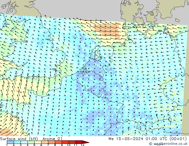 Surface wind (bft) Arome 01 St 15.05.2024 01 UTC