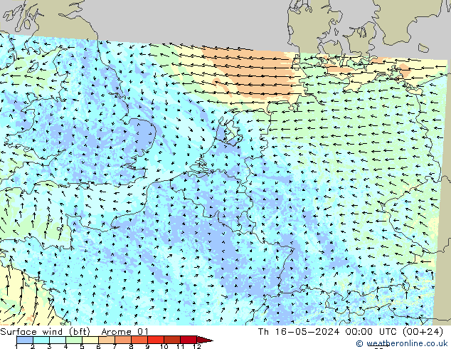 Rüzgar 10 m (bft) Arome 01 Per 16.05.2024 00 UTC