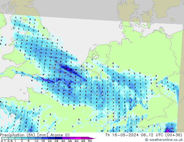 Precipitação (6h) Arome 01 Qui 16.05.2024 12 UTC