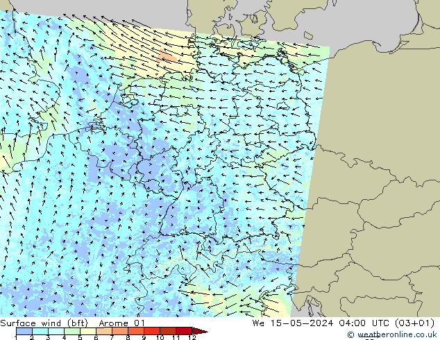 Surface wind (bft) Arome 01 We 15.05.2024 04 UTC