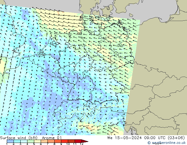 Wind 10 m (bft) Arome 01 wo 15.05.2024 09 UTC