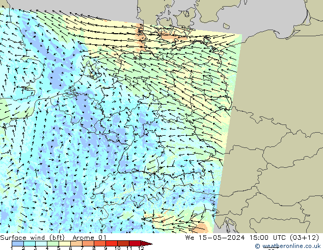 wiatr 10 m (bft) Arome 01 śro. 15.05.2024 15 UTC