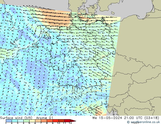 Wind 10 m (bft) Arome 01 wo 15.05.2024 21 UTC