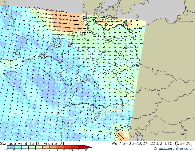 Bodenwind (bft) Arome 01 Mi 15.05.2024 23 UTC
