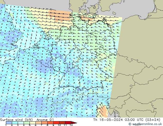 Bodenwind (bft) Arome 01 Do 16.05.2024 03 UTC