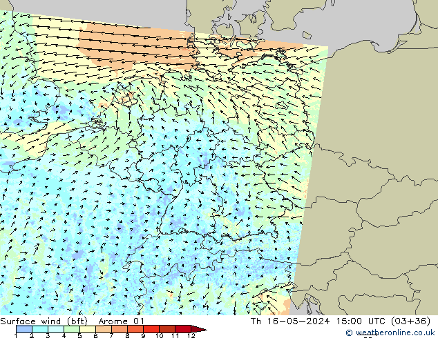 Surface wind (bft) Arome 01 Čt 16.05.2024 15 UTC