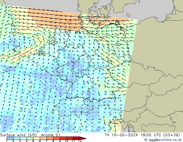 Surface wind (bft) Arome 01 Čt 16.05.2024 18 UTC