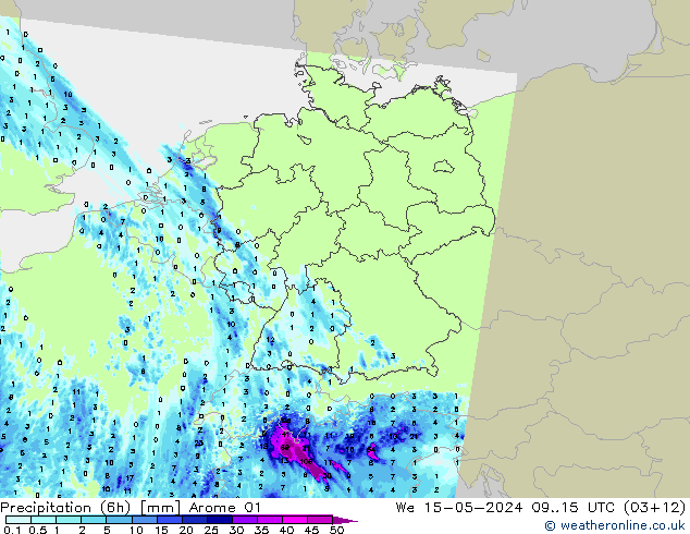 Yağış (6h) Arome 01 Çar 15.05.2024 15 UTC