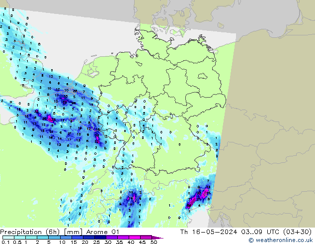 Precipitation (6h) Arome 01 Čt 16.05.2024 09 UTC
