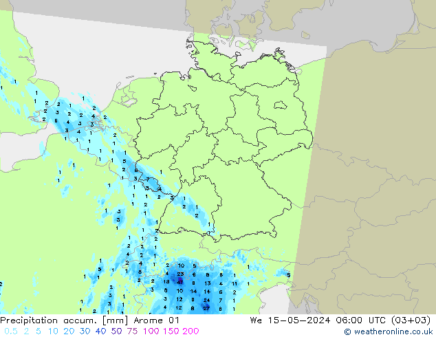 Precipitación acum. Arome 01 mié 15.05.2024 06 UTC