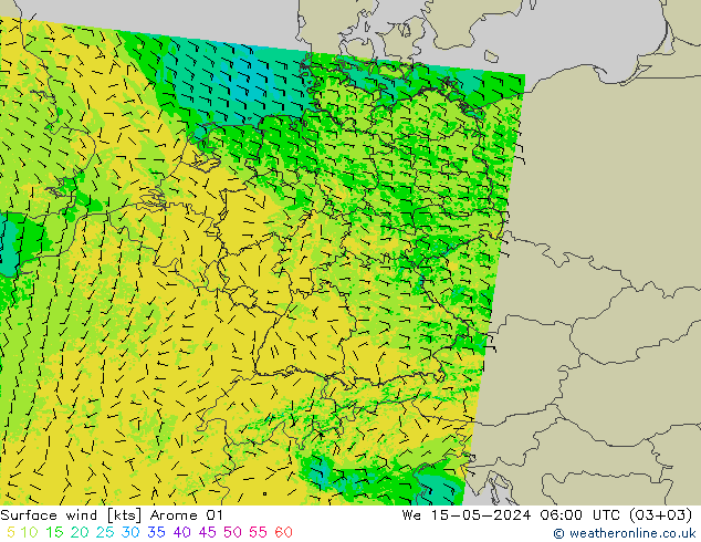 Surface wind Arome 01 We 15.05.2024 06 UTC