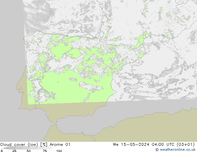Cloud cover (low) Arome 01 We 15.05.2024 04 UTC