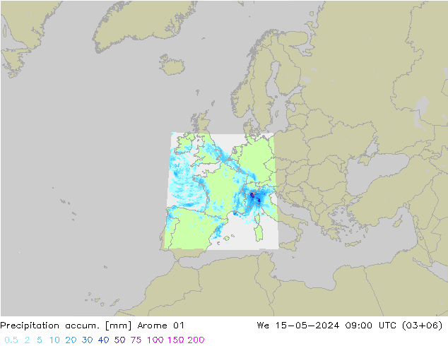 Totale neerslag Arome 01 wo 15.05.2024 09 UTC