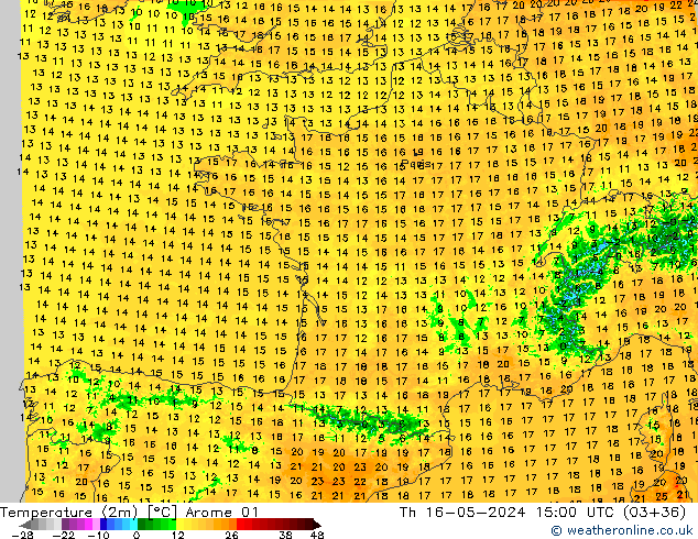 Temperature (2m) Arome 01 Čt 16.05.2024 15 UTC