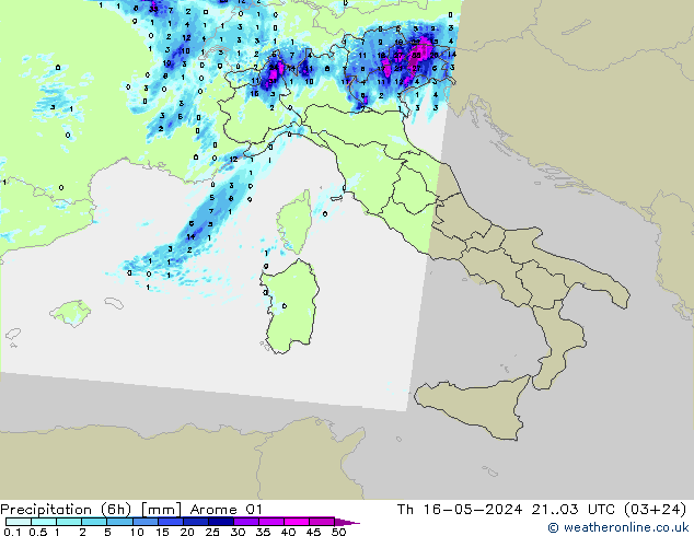 Precipitação (6h) Arome 01 Qui 16.05.2024 03 UTC