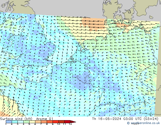 Wind 10 m (bft) Arome 01 do 16.05.2024 03 UTC