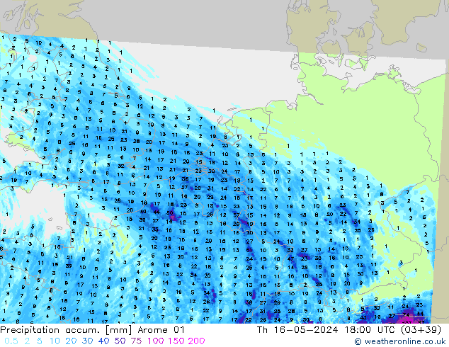 Totale neerslag Arome 01 do 16.05.2024 18 UTC