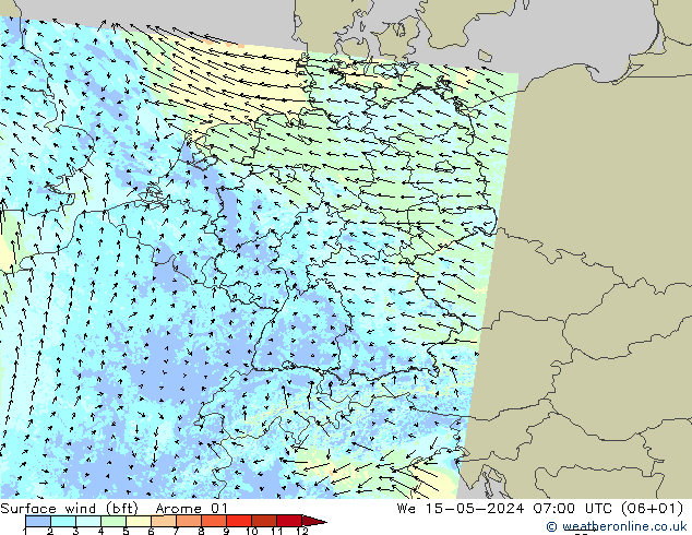 Surface wind (bft) Arome 01 We 15.05.2024 07 UTC