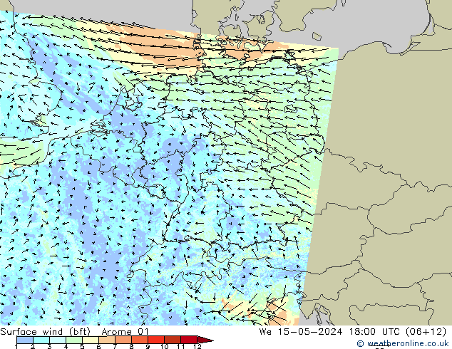Wind 10 m (bft) Arome 01 wo 15.05.2024 18 UTC