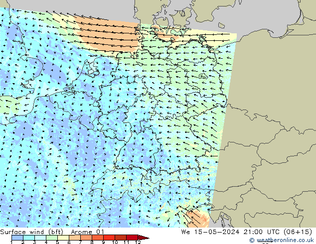 Surface wind (bft) Arome 01 We 15.05.2024 21 UTC