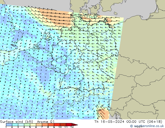 Bodenwind (bft) Arome 01 Do 16.05.2024 00 UTC