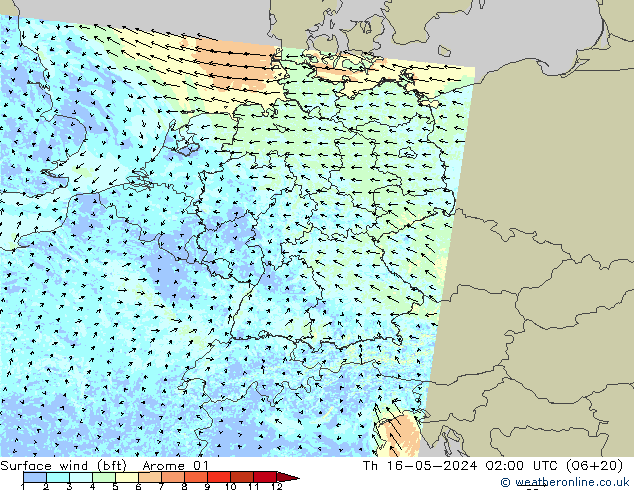 wiatr 10 m (bft) Arome 01 czw. 16.05.2024 02 UTC