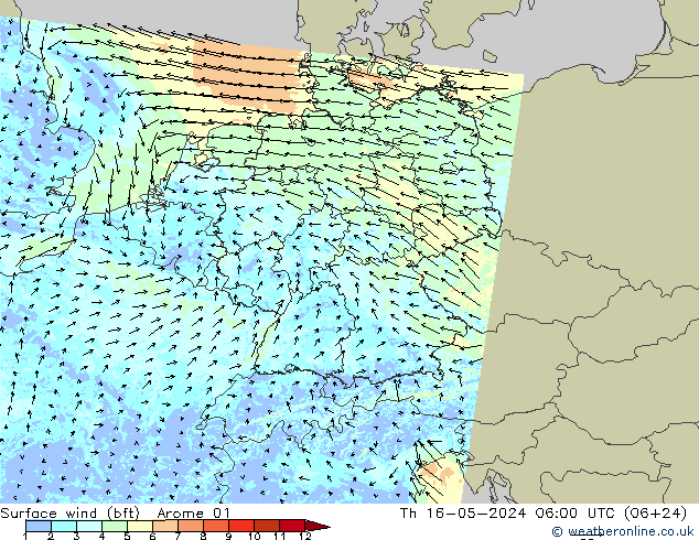 Wind 10 m (bft) Arome 01 do 16.05.2024 06 UTC