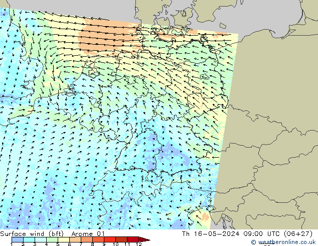 wiatr 10 m (bft) Arome 01 czw. 16.05.2024 09 UTC