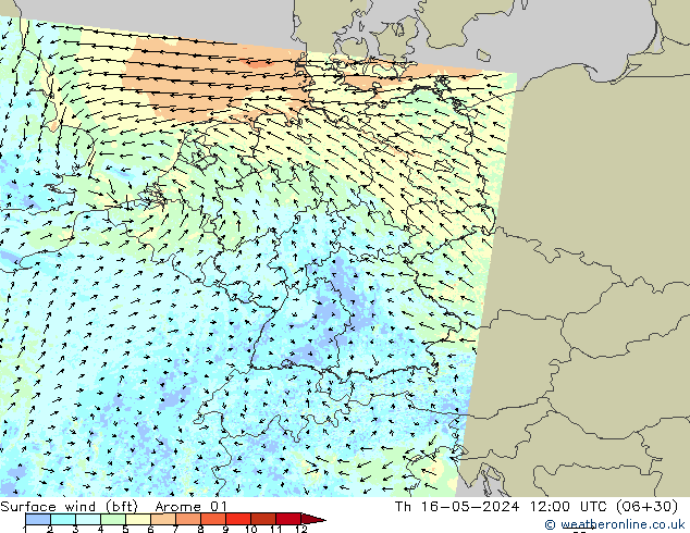wiatr 10 m (bft) Arome 01 czw. 16.05.2024 12 UTC