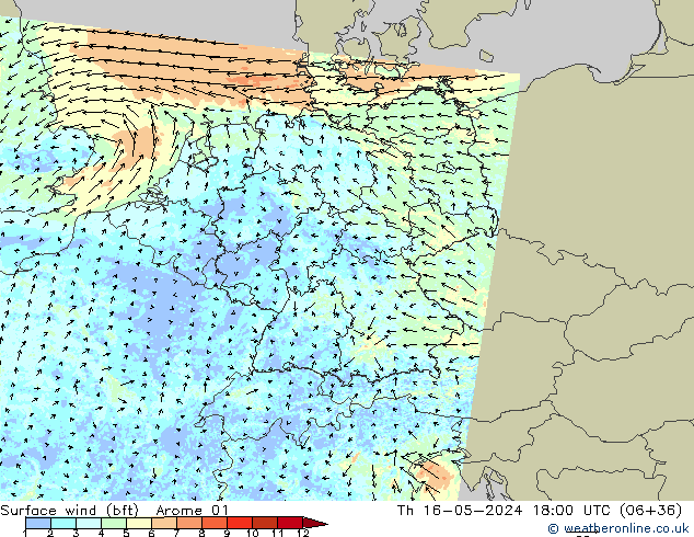 Wind 10 m (bft) Arome 01 do 16.05.2024 18 UTC