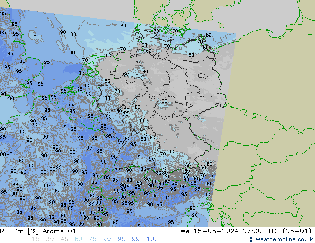 Humedad rel. 2m Arome 01 mié 15.05.2024 07 UTC