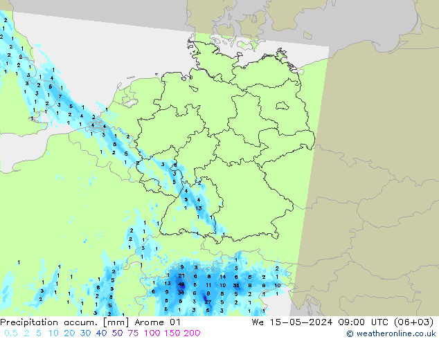 Precipitation accum. Arome 01 星期三 15.05.2024 09 UTC