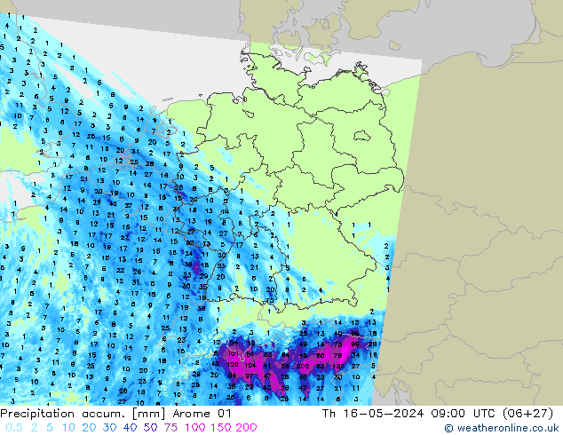 Precipitation accum. Arome 01 Th 16.05.2024 09 UTC