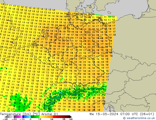 Temperature (2m) Arome 01 We 15.05.2024 07 UTC