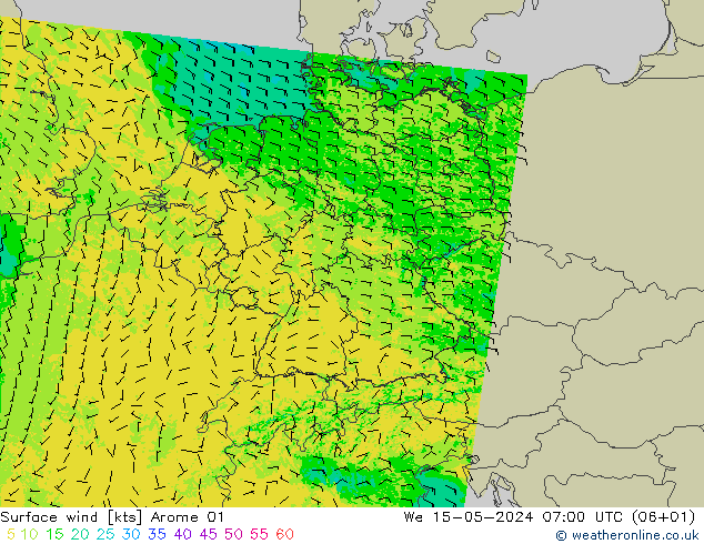 Surface wind Arome 01 We 15.05.2024 07 UTC