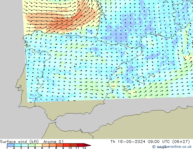 Surface wind (bft) Arome 01 Čt 16.05.2024 09 UTC